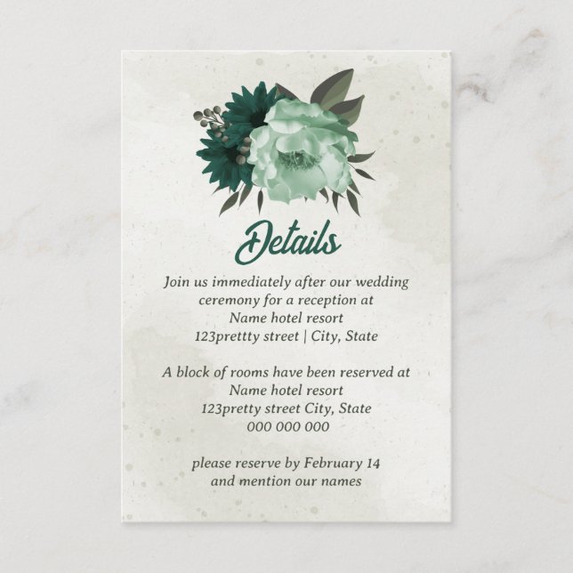 Cartão De Informações flores esmeralda verde casamento botânico (Frente)