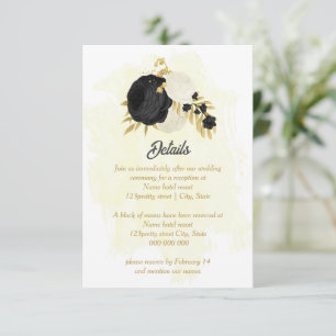 Cartão De Informações flores pretas e brancas casamento botânico dourado