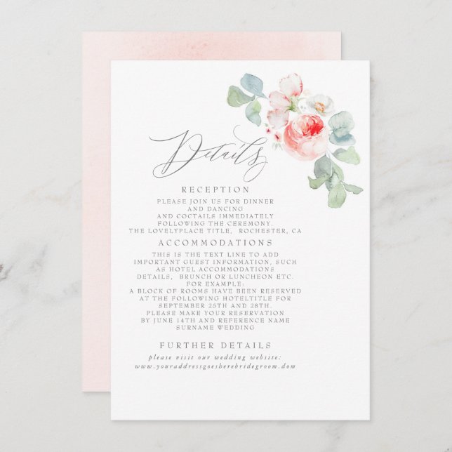 Cartão De Informações Flores Rosa Informações Legais Sobre Casamento (Frente/Verso)