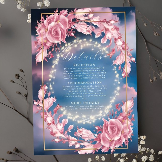 Cartão De Informações Flores Rosadas Brilhantes E Casamento De Faíscas (Criador carregado)