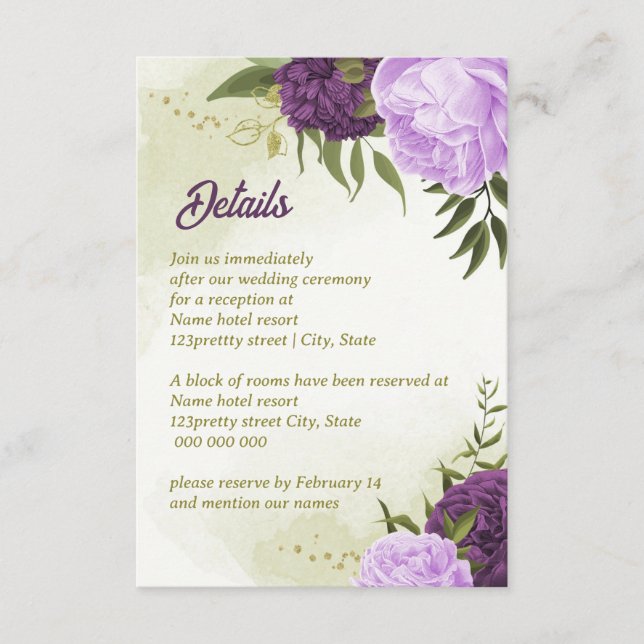 Cartão De Informações flores roxas folhas verdes (Frente)
