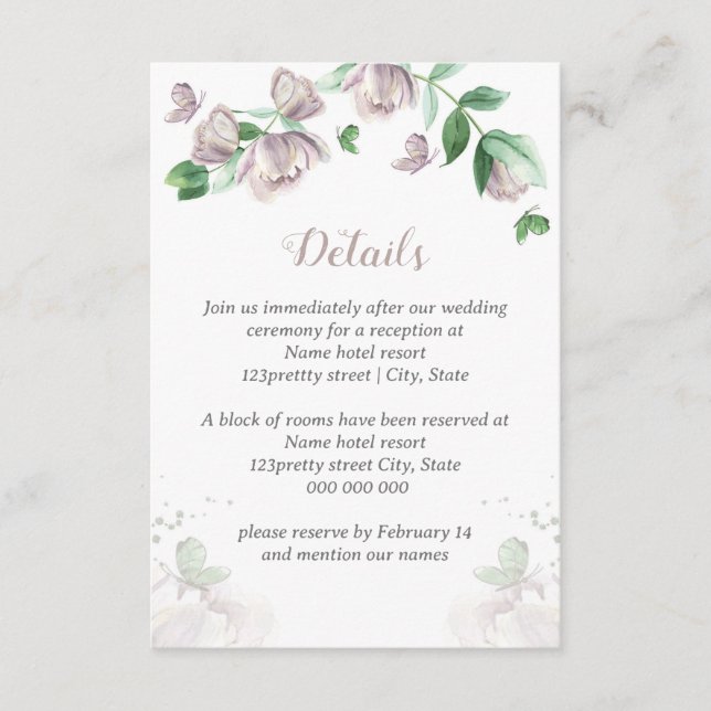 Cartão De Informações flores roxas folhas verdes borboletas casamento (Frente)