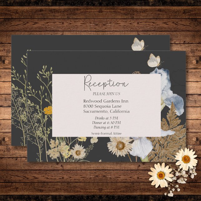 Cartão De Informações Flores selvagens na Recepção de casamento de carvã (Wildflowers on Charcoal Wedding Reception Enclosure Card)