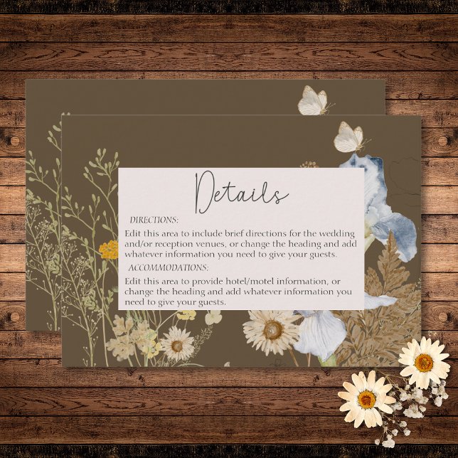 Cartão De Informações Flores selvagens nos Detalhes do Casamento Marrom (Wildflowers on Brown Wedding Details Enclosure Card)