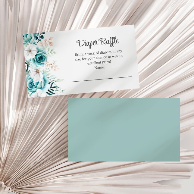 Cartão De Informações Flores Selvagens Turquesa e Bege Claro Sorteio de  (Teal and Off-White Wildflowers Diaper Raffle Enclosure Card on a white dry palm leaf.)