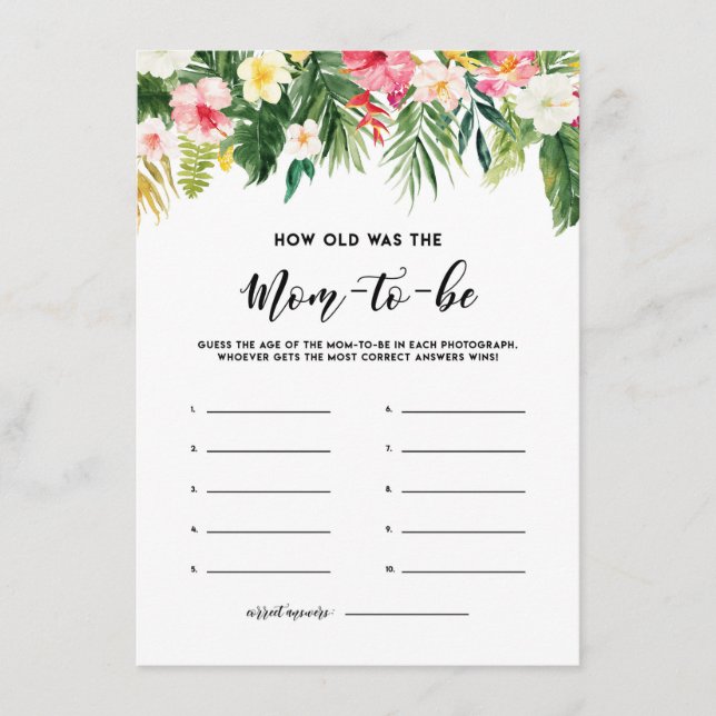 Cartão De Informações Flores Tropicais em Aquarela Quantos Anos Tinha a  (Frente)