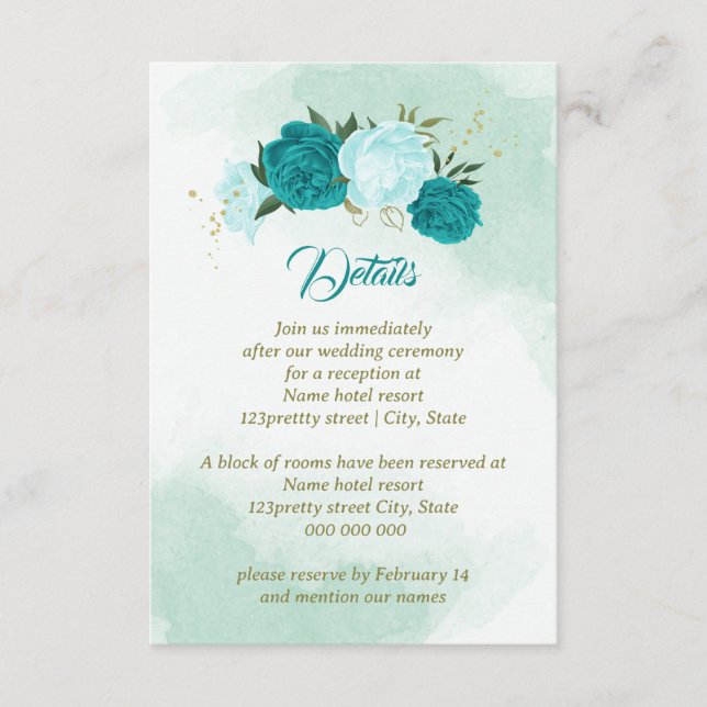 Cartão De Informações flores turquesas folhas verdes (Frente)