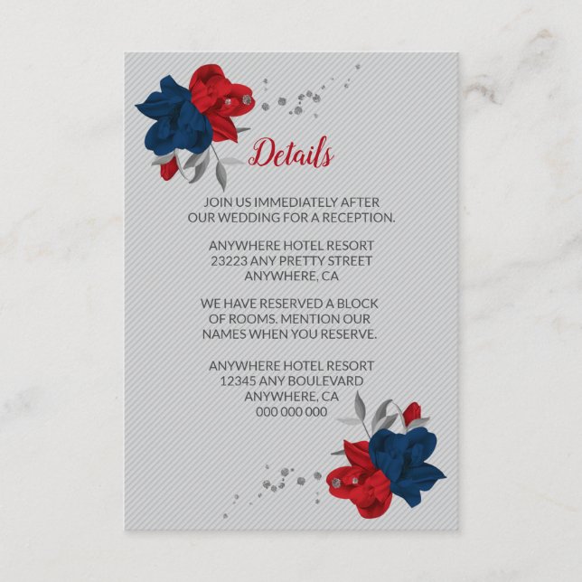 Cartão De Informações Flores vermelhas e marinhos azuis folhas prateadas (Frente)