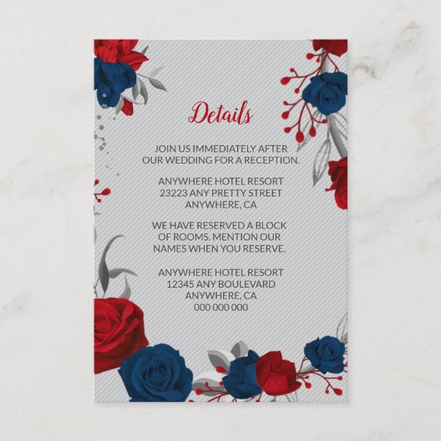 Cartão De Informações Flores vermelhas e marinhos azuis folhas prateadas (Frente)