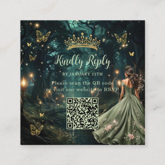 Cartão De Informações Floresta Encantada Sage Green Quinceañera QR RSVP (Frente)