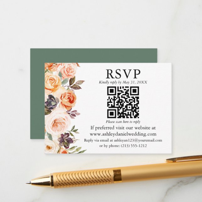 Cartão De Informações Fluumn Floral QR RSVP Sage Verde (Frente/Verso In Situ)