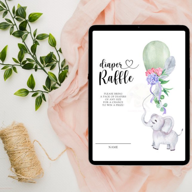 Cartão De Informações Fofo de fralda de elefante e balão verde (Criador carregado)