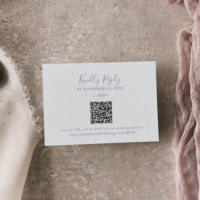 Cartão De Informações Folha mínima | Dusty Blue QR Code Weding RSVP (Criador carregado)