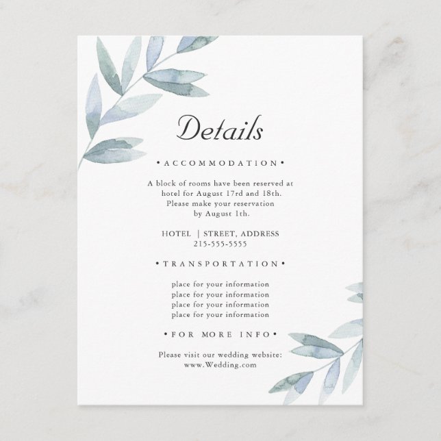 Cartão De Informações Folhagem Simples Elegante. Detalhes do Casamento B (Frente)