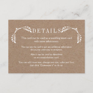 Cartão De Informações Folhas brancas papelão detalhes do casamento