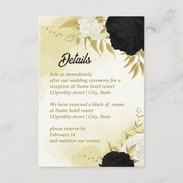 Cartão De Informações folhas de ouro de flores brancas pretas (Frente)