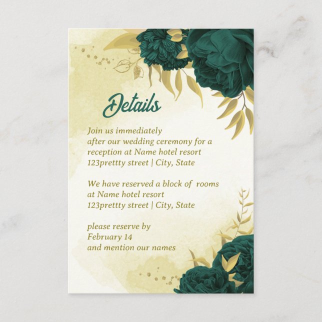 Cartão De Informações Folhas de ouro de flores verdes meraldas (Frente)