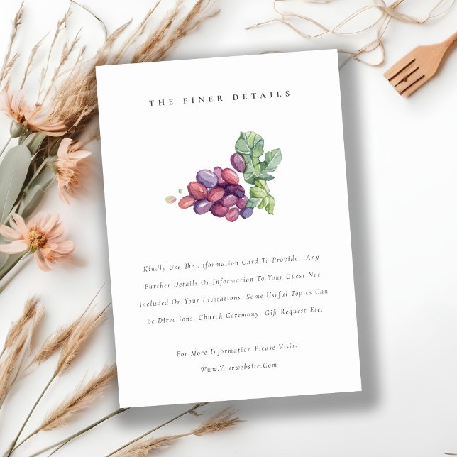 Cartão De Informações Folhas de Uva em Aquarela Elegante para Casamento (Criador carregado)