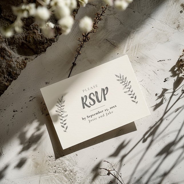 Cartão De Informações Folhas desenhadas por lápis RSVP (Light and simple "RSVP" wedding enclosure card with pencil drawn style leaves and wedding details.)