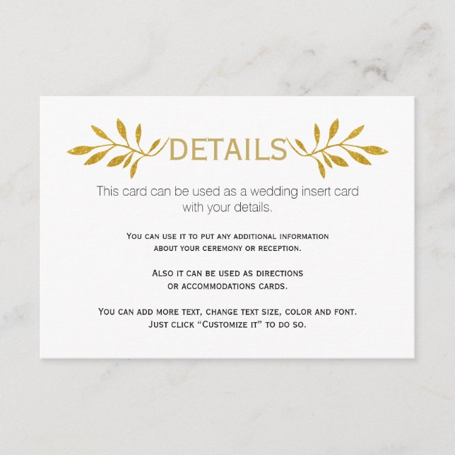 Cartão De Informações Folhas Douradas padrão de folhas do casamento cart (Frente)