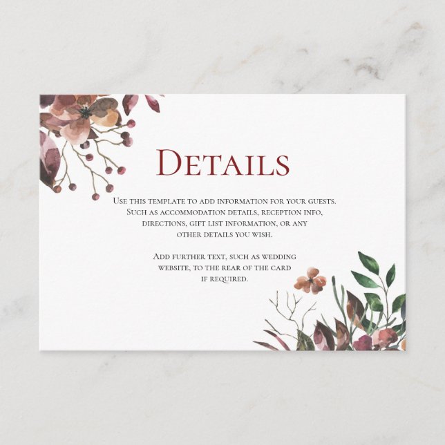 Cartão De Informações Folhas escuras florais Rustic Wedding Details Card (Frente)
