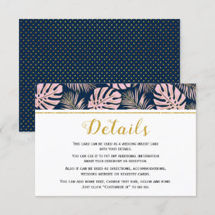 Cartão De Informações Folhas tropicais rosa e azul marinho casamento