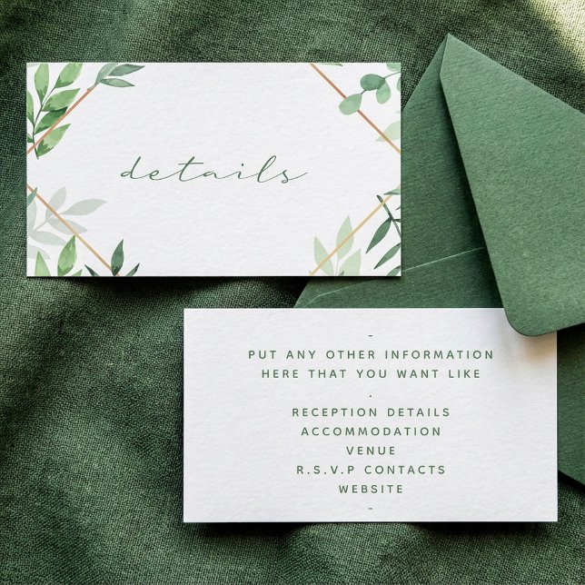 Cartão De Informações Folhas verdes, borda dourada, detalhes casamento (Green leaves, gold border, details wedding enclosure card.)
