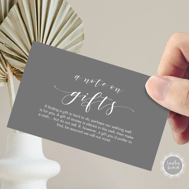 Cartão De Informações Fonte Mínima Elegante, Preta, uma nota sobre prese (Elegant Minimal script, A note on gifts Enclosure Card, in Dark Classy Contemporary Grey Themed)