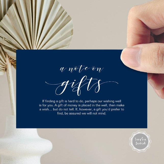 Cartão De Informações Fonte Mínima Elegante, Preta, uma nota sobre prese (Elegant Minimal script, A note on gifts Enclosure Card, in Navy Blue themed.)