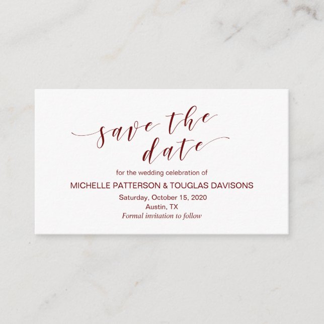 Cartão De Informações Fonte moderna Burgundy, salvar a data do casamento (Frente)