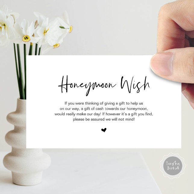 Cartão De Informações Fonte moderna e preta de elegância casual, desejo  (Honeymoon Wish Enclosure Card, in Modern minimal black casual elegance script, cash fund)