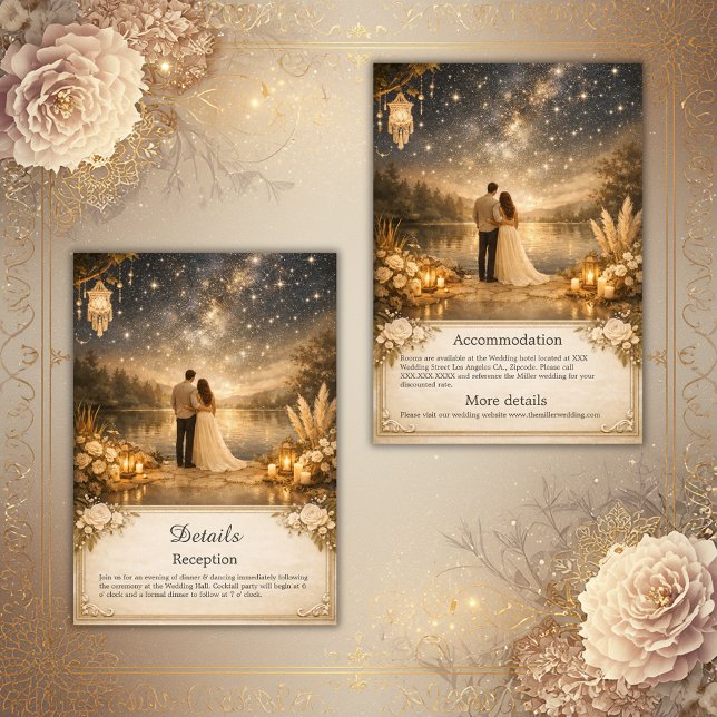 Cartão De Informações forest Blue Gold Starry Night Lake wedding (Criador carregado)
