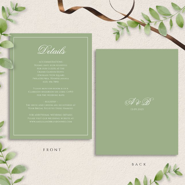 Cartão De Informações Formal Sage Green & White Monogram Wedding Details (Criador carregado)