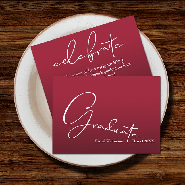Cartão De Informações Formando Crimson Red Party de Script Chic (Small 3.5" x 2.5" invitations to hand out or mail with your graduation announcements (no envelopes))