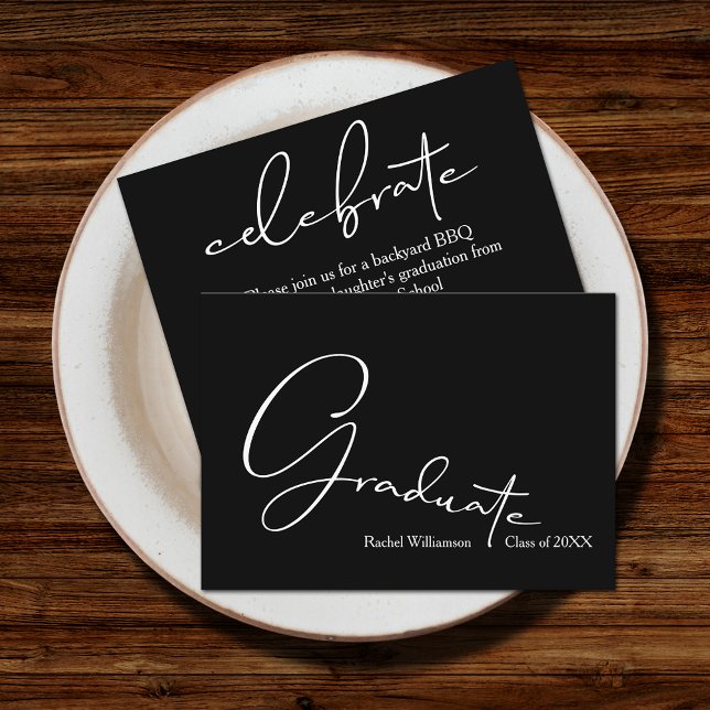 Cartão De Informações Formando de script chic Black Small Party (Small 3.5" x 2.5" invitations to hand out or mail with your graduation announcements (no envelopes))