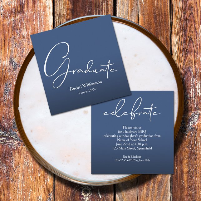 Cartão De Informações Formando de Script Chic - Parte Azul (Small 2.5" x 2.5" invitations to hand out or mail with your graduation announcements (no envelopes))