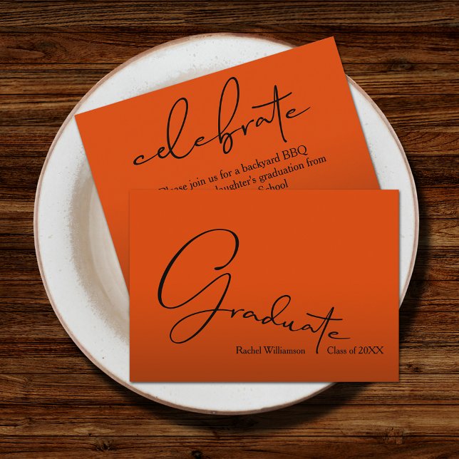 Cartão De Informações Formando de Script Chic - Parte Laranja (Small 3.5" x 2.5" invitations to hand out or mail with your graduation announcements (no envelopes))