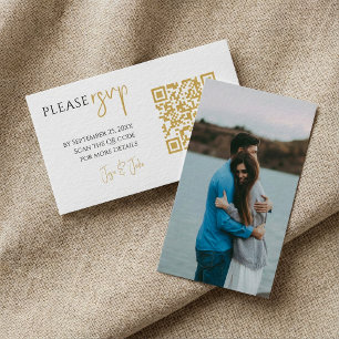 Cartão De Informações Foto completa, código QR dourado, RSVP de casament