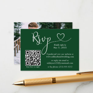 Cartão De Informações Foto do Coração de Caligrafia Casamento Verde QR R