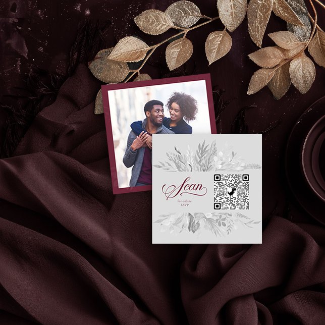 Cartão De Informações Foto QR Code Online RSVP Burgundy Cinza Botânica (Photo QR Code Insert Card in Burgundy and Grey from the Foliage Duet Collection by Darling & May)