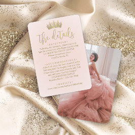 Cartão De Informações Foto Quinceañera Blush Pink e Dourados Detalhes da