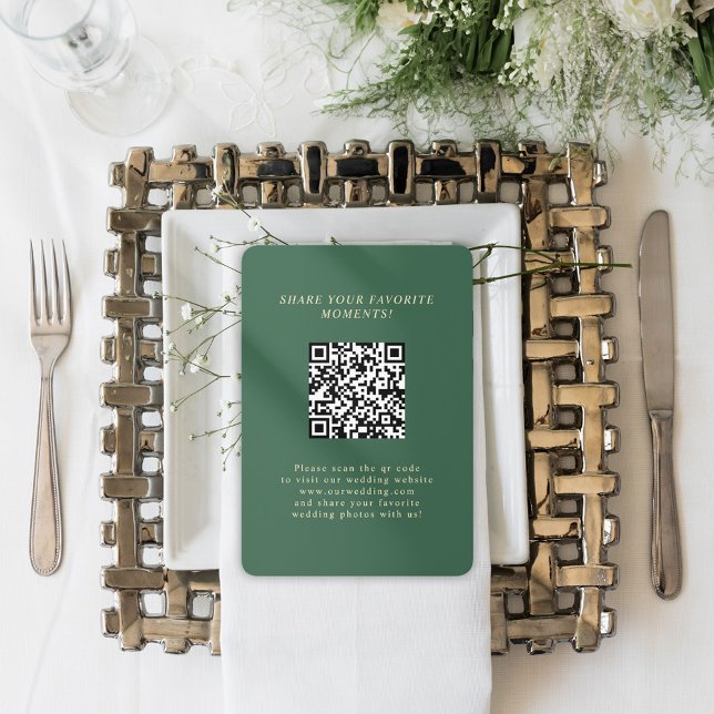 Cartão De Informações Fotos de Casamento do Código QR Elegante Minimalis (Green Minimalist Elegant QR Code Wedding Photos Enclosure Card)
