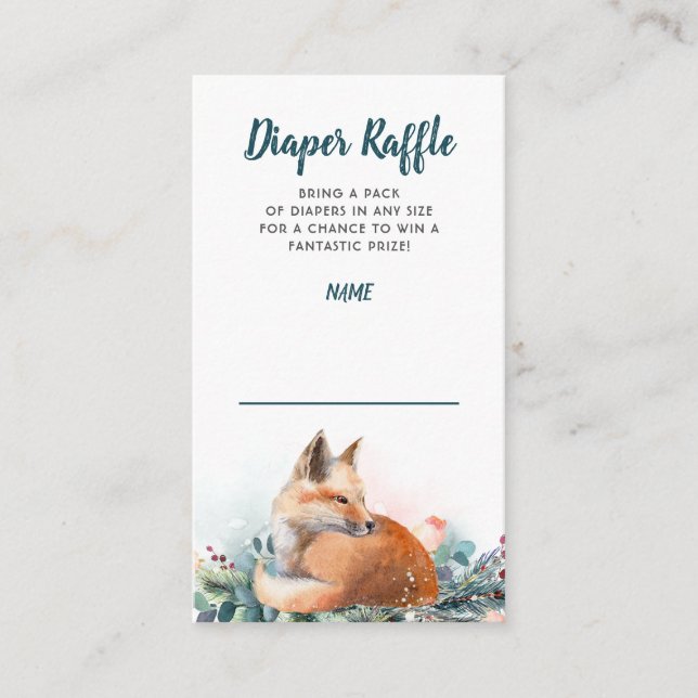 Cartão De Informações Fox Winter Woodland Chá de fraldas Fralda Raffle (Frente)