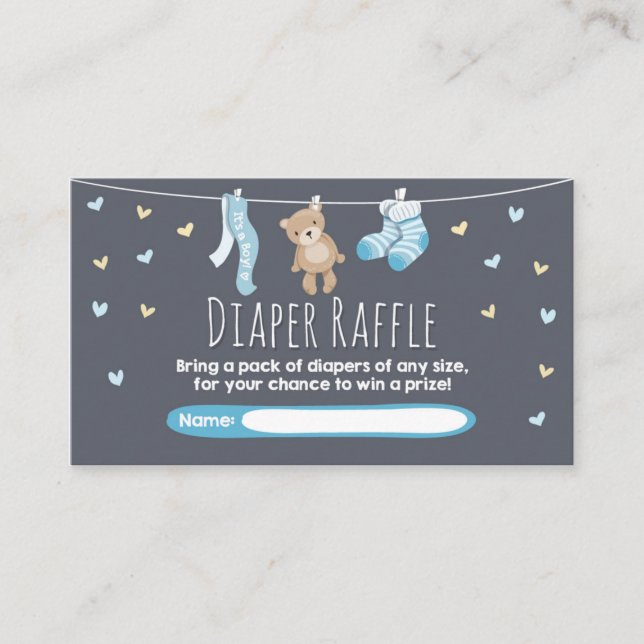 Cartão De Informações Fralda chá de fraldas Raffle Card Teddy Bear Blue (Frente)