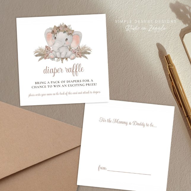 Cartão De Informações Fralda do Elefante Boho Raffle (Cute Elephant Baby Shower Diaper Raffle Enclosure Cards with Boho Floral for Gender Neutral Shower)
