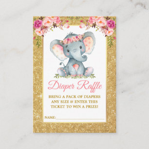 Cartão De Informações Fralda Elefante Chá Raffle Flor Rosa