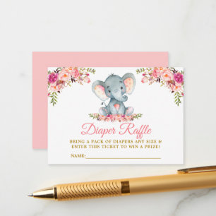 Cartão De Informações Fralda Floral de Elefante Rosa Chá Raffle Dourado