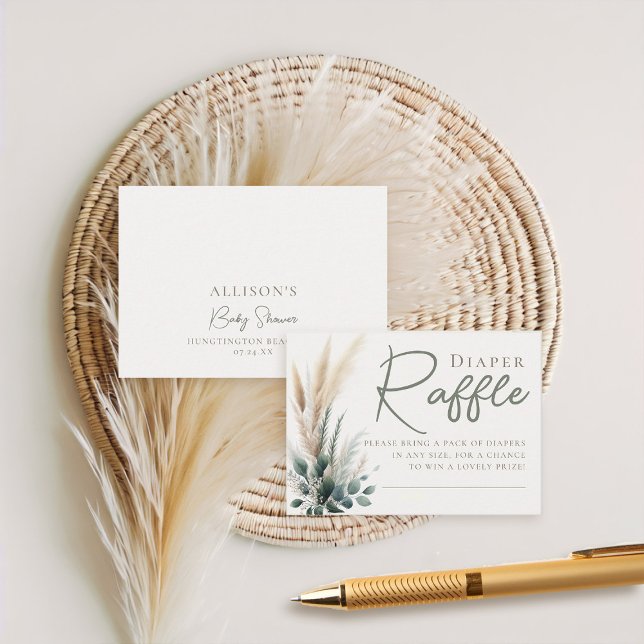 Cartão De Informações Fralda Raffle Boho Pampas Greenery Arch Neutro (boho baby shower diaper raffle card pampas greenery watercolor sage green beige neutral)