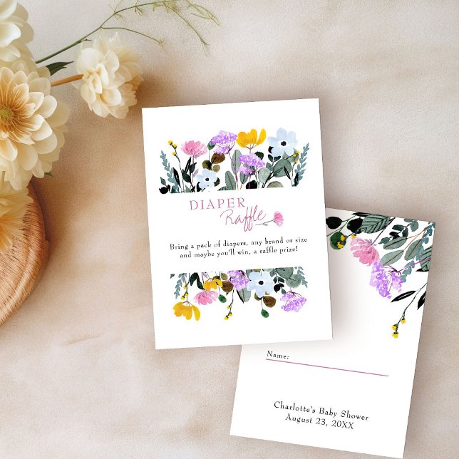 Cartão De Informações Fralda Raffle Bonito Wildflower Lawn White (Diaper Raffle Tickets from my Wildflower Lawn Baby Shower Collection)