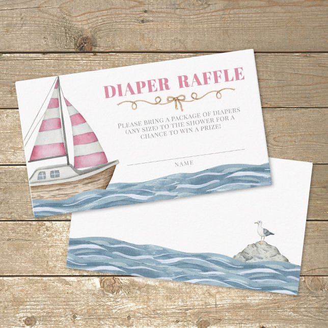 Cartão De Informações Fralda Raffle Chá de fraldas Náutico Rosa (Diaper Raffle Pink Nautical Baby Shower Enclosure Card )